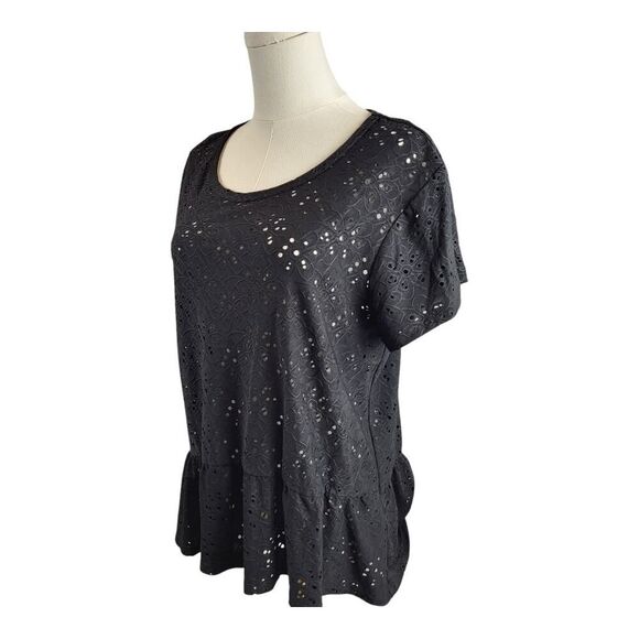 Nanette Lepore Large Black Short Sleeve Top Eyelet Floral Embroidery Peplum - Picture 6 of 14